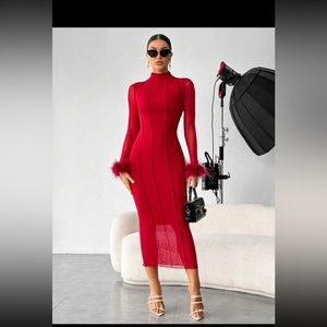 Chic Red feather trim dress